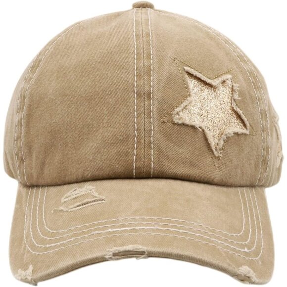 Womens Pony Hat High Ponytail Baseball Cap 0001-star Solid Fabric Khaki - Picture 3 of 4